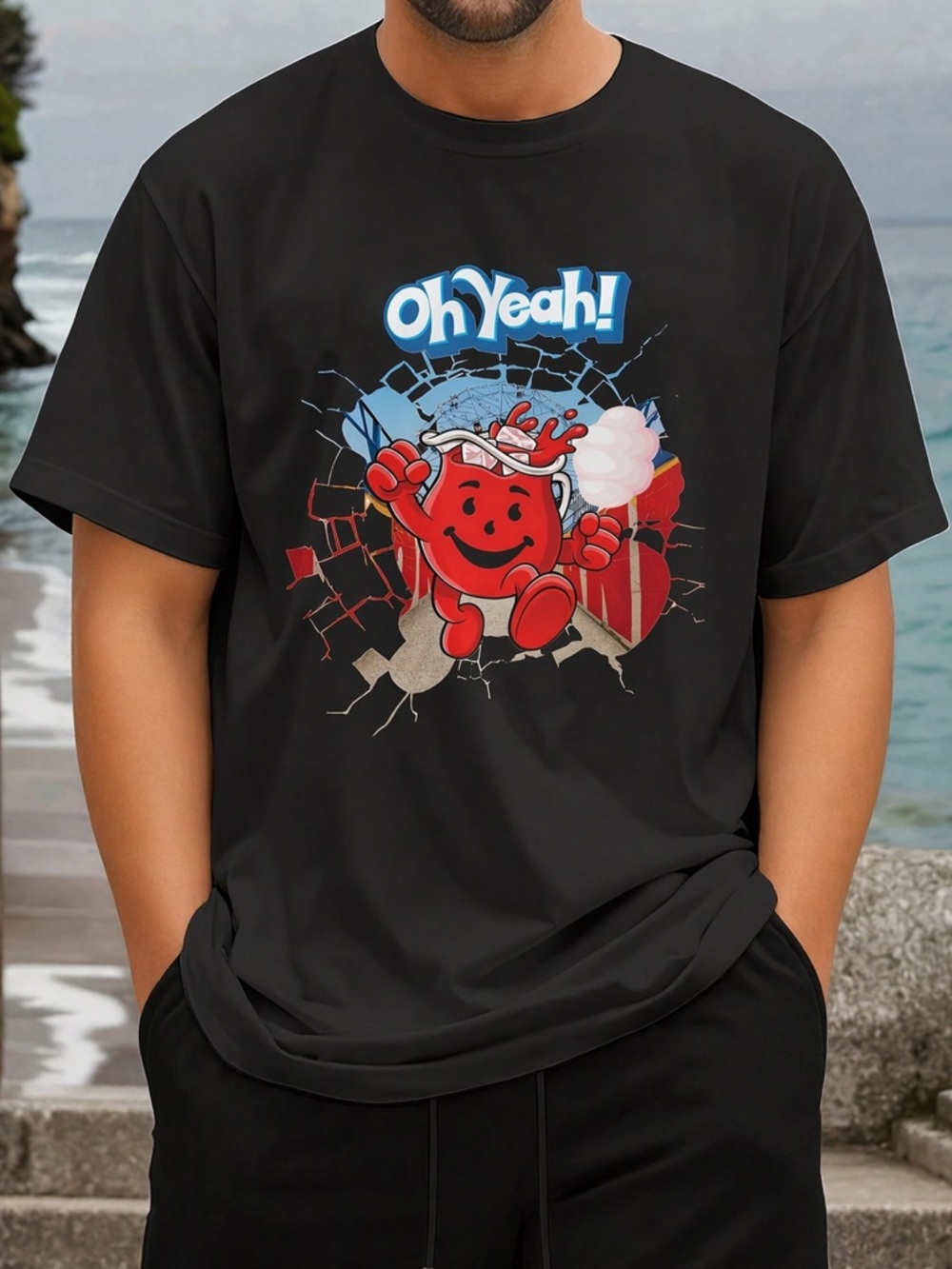 Hand Crafted Black Short-Sleeve Graphic Tee with Red Character
